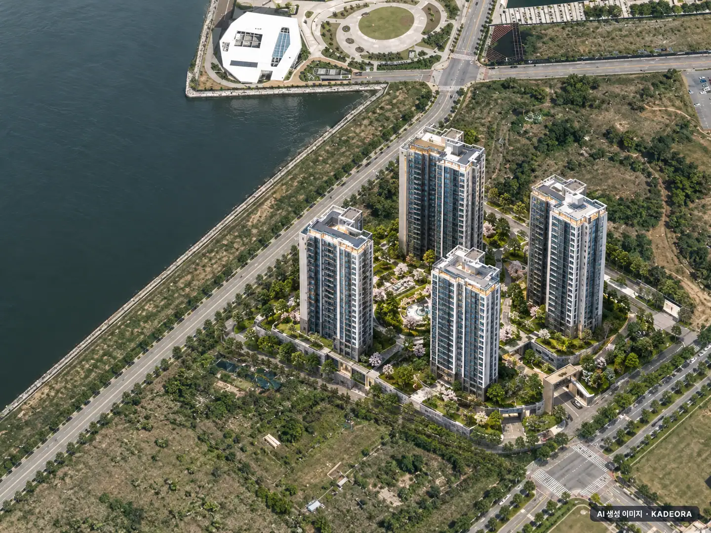 더샵 송도그란테르 G5-1블록 7개동·최고 31층·총 853세대 기준 AI 상상도(주간 항공) — 실제와 다를 수 있음