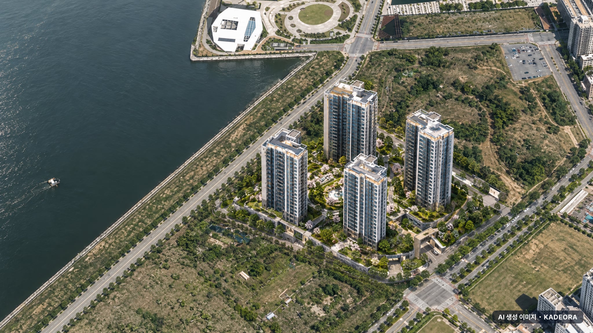 더샵 송도그란테르 G5-1블록 단지 전경 AI 상상도(주간 항공) — 인천 연수구 착공 853세대
