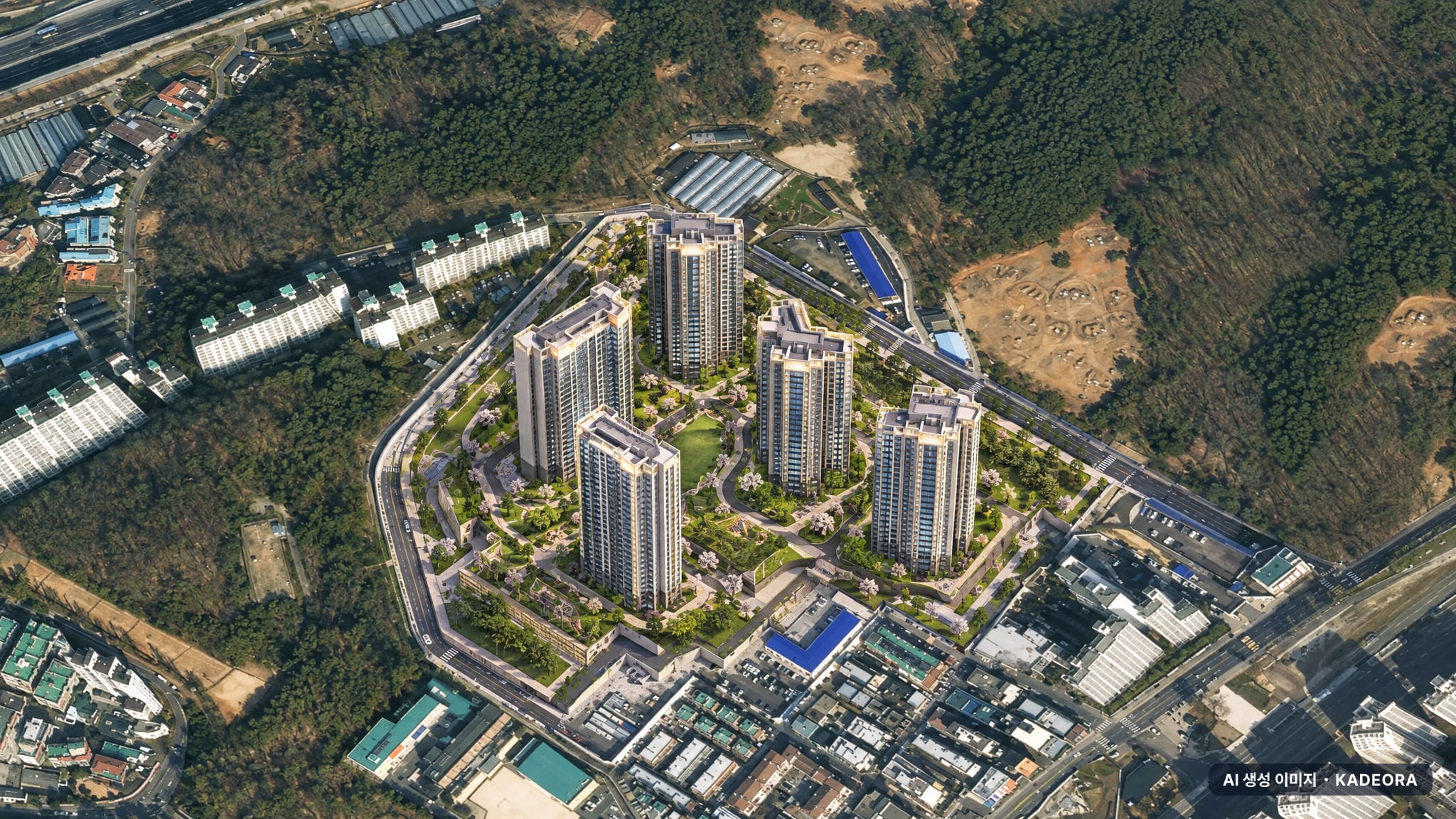 고양 더샵포레나 단지 전경 AI 상상도(주간 항공) — 경기 고양시 착공 636세대