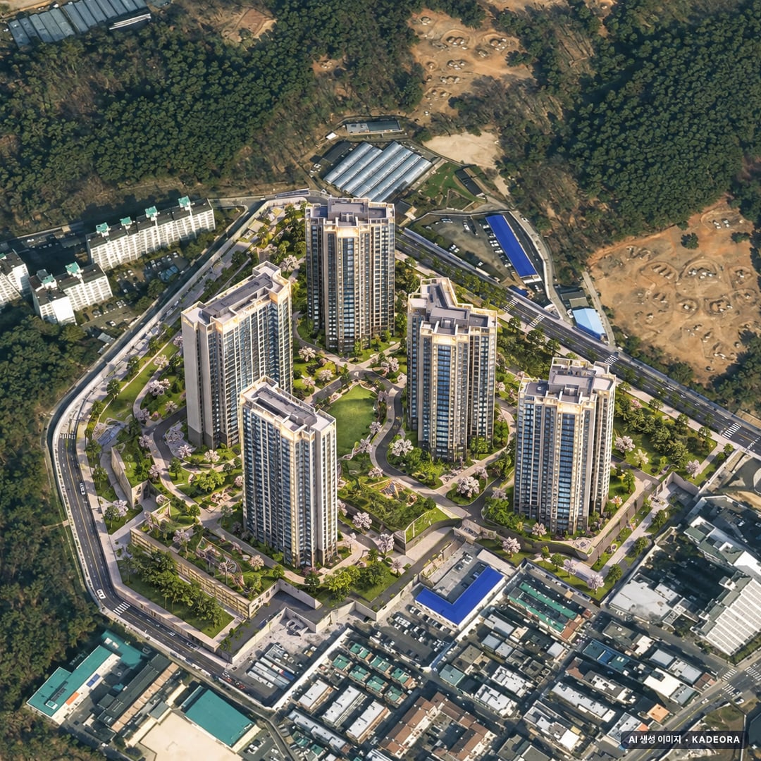 고양 더샵포레나 단지 전경 AI 상상도(주간 항공) — 경기 고양시 착공 636세대