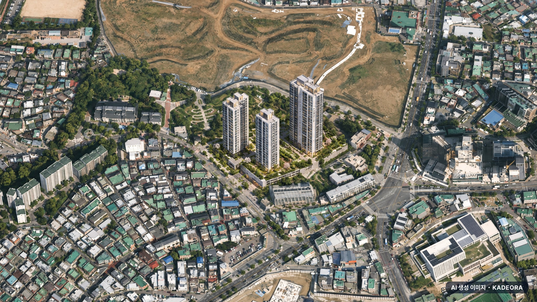 동작 센트럴 동문 디 이스트 단지 전경 AI 상상도(주간 항공) — 서울 동작구 착공 72세대