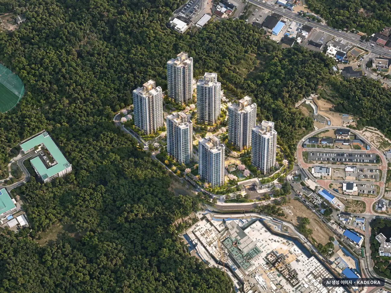 힐스테이트 더샵 상생공원 1단지 7개동·최고 35층·총 999세대 기준 AI 상상도(주간 항공) — 실제와 다를 수 있음
