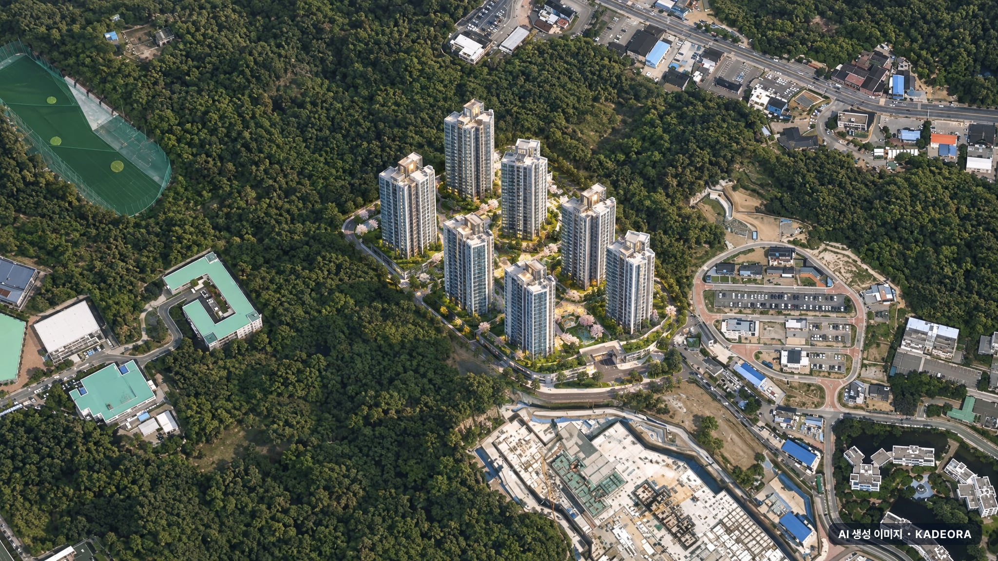 힐스테이트 더샵 상생공원 1단지 단지 전경 AI 상상도(주간 항공) — 경북 포항시 착공 999세대