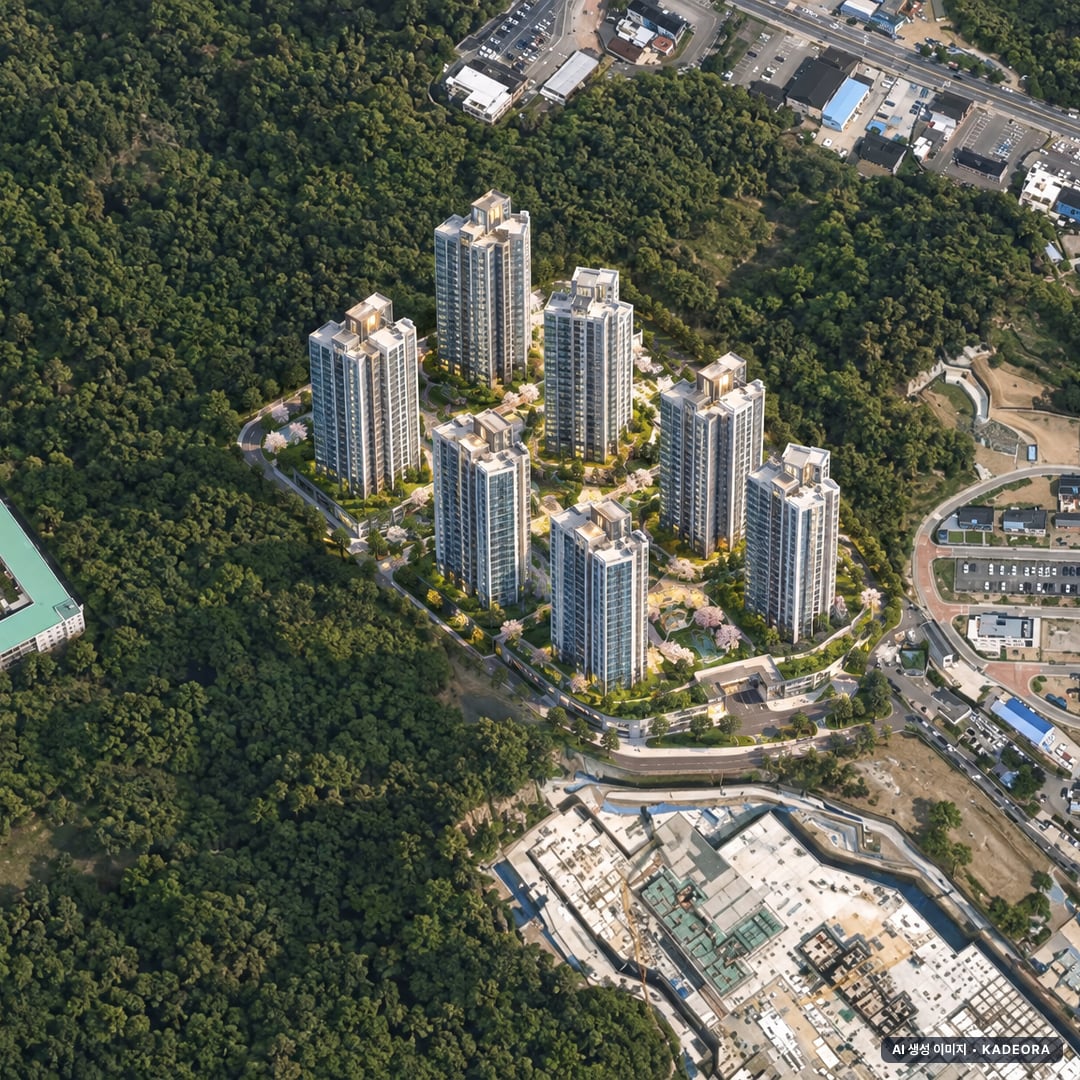 힐스테이트 더샵 상생공원 1단지 단지 전경 AI 상상도(주간 항공) — 경북 포항시 착공 999세대