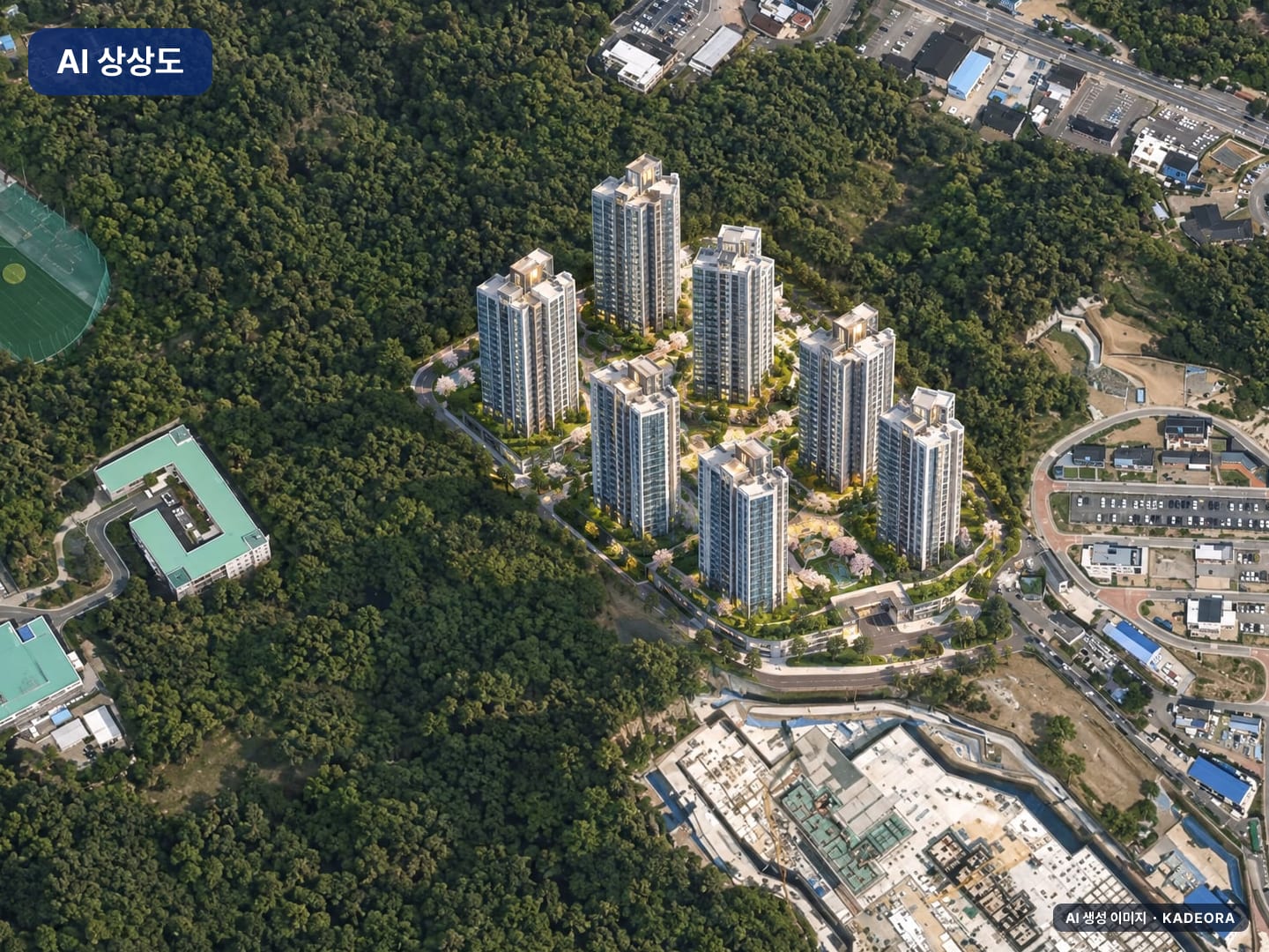 힐스테이트 더샵 상생공원 1단지 단지 전경 AI 상상도(주간 항공) — 경북 포항시 착공 999세대
