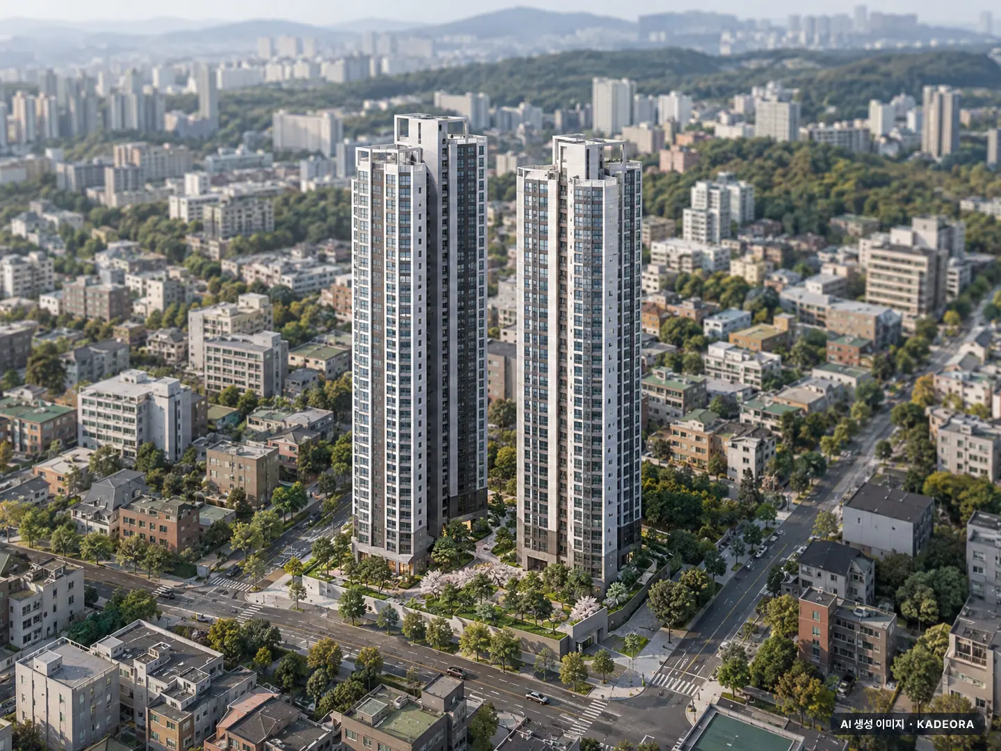 효성해링턴 플레이스 여수 2개동·최고 39층·총 278세대 기준 AI 상상도(주간 항공) — 실제와 다를 수 있음