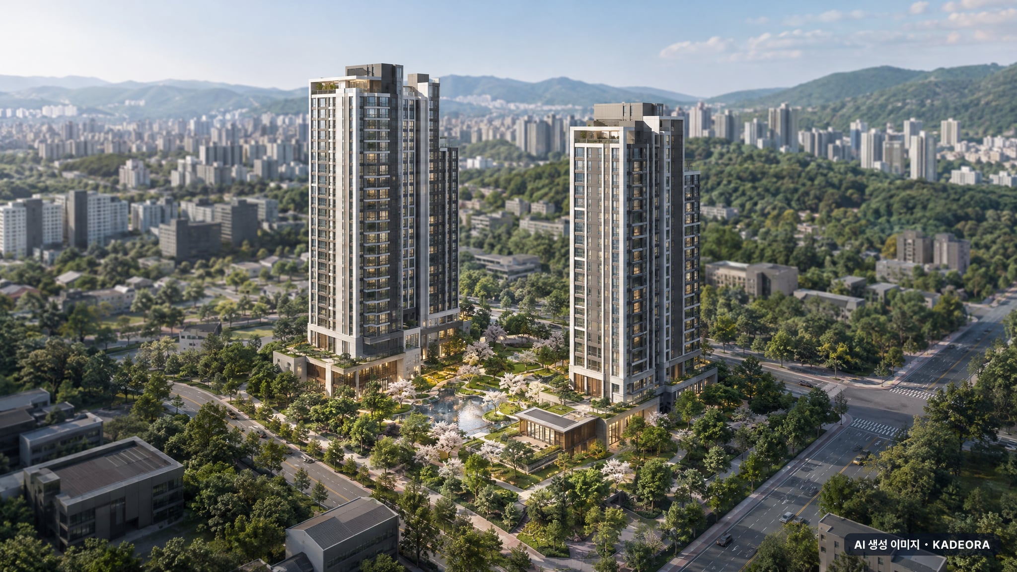 효성해링턴 플레이스 여수 단지 전경 AI 상상도(주간 항공) — 전남 여수시 착공 278세대