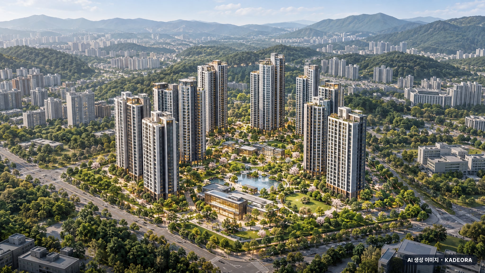 더샵 천안 라크원 조감도 AI 상상도(주간 항공) — 충남 천안시 분양 예고 1,290세대