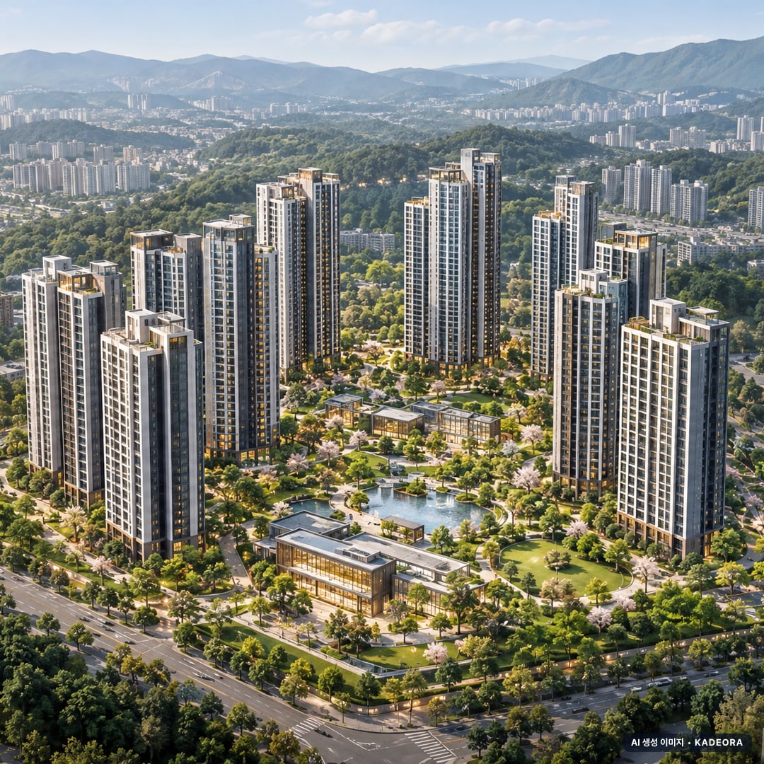 더샵 천안 라크원 조감도 AI 상상도(주간 항공) — 충남 천안시 분양 예고 1,290세대