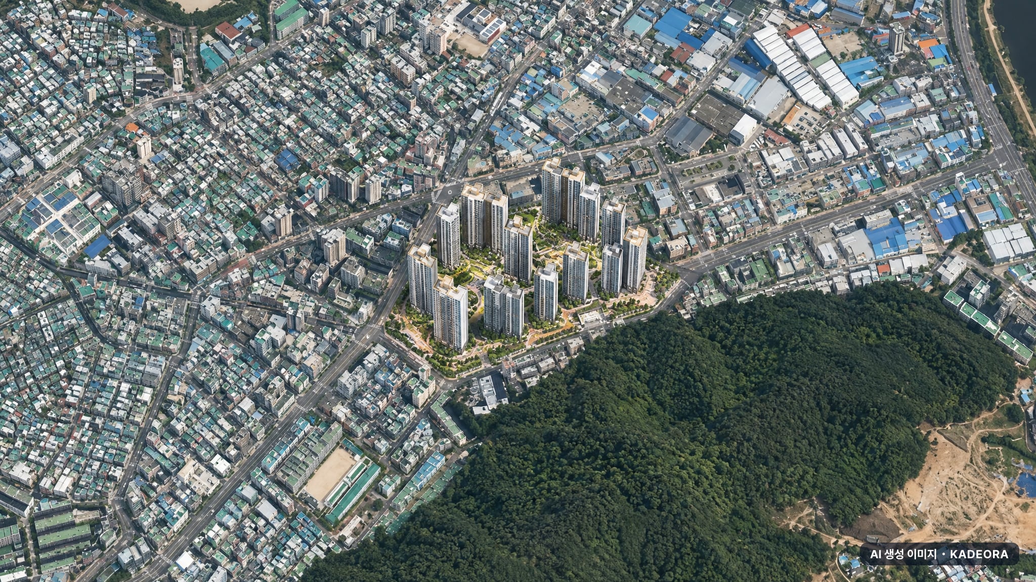 부산 금정구 금사1 재개발 주간 항공 상상도 · AI 생성 이미지로 실제와 다를 수 있음 부산 금정구 금사1 재개발 조감도 AI 상상도(주간 항공) — 부산 금정구 부지계획 2,635세대