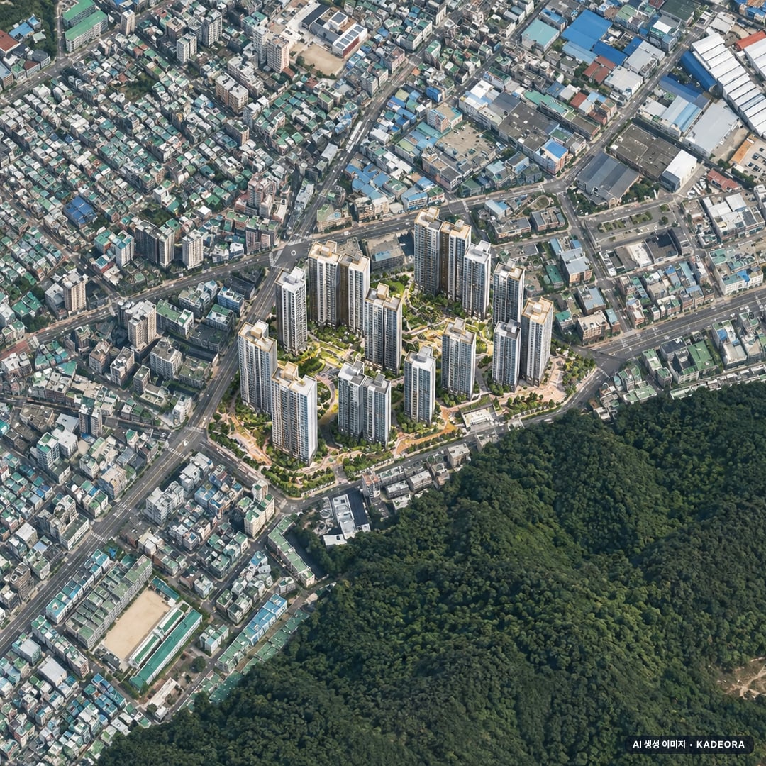 부산 금정구 금사1 재개발 조감도 AI 상상도(주간 항공) — 부산 금정구 부지계획 2,635세대