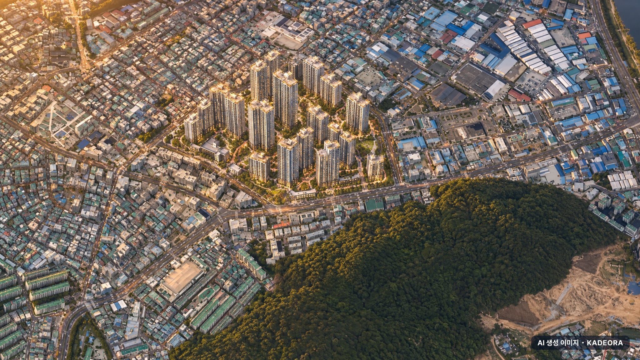 부산 금정구 금사1 재개발 단지 전경 AI 상상도(노을 항공) — 부산 금정구 부지계획 2,635세대