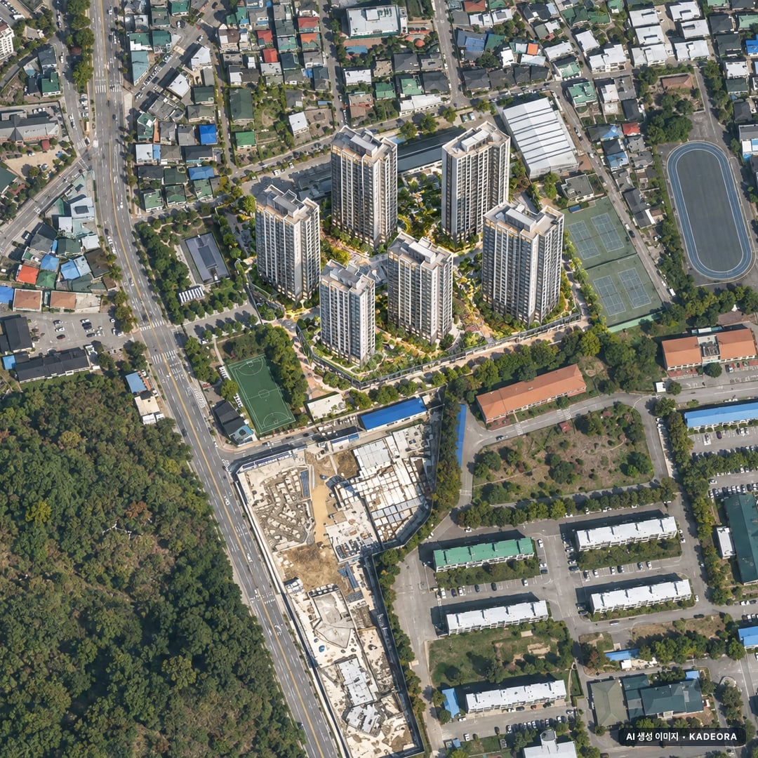 원주 모아엘가 그랑데 단지 전경 AI 상상도(주간 항공) — 강원 원주시 착공 281세대