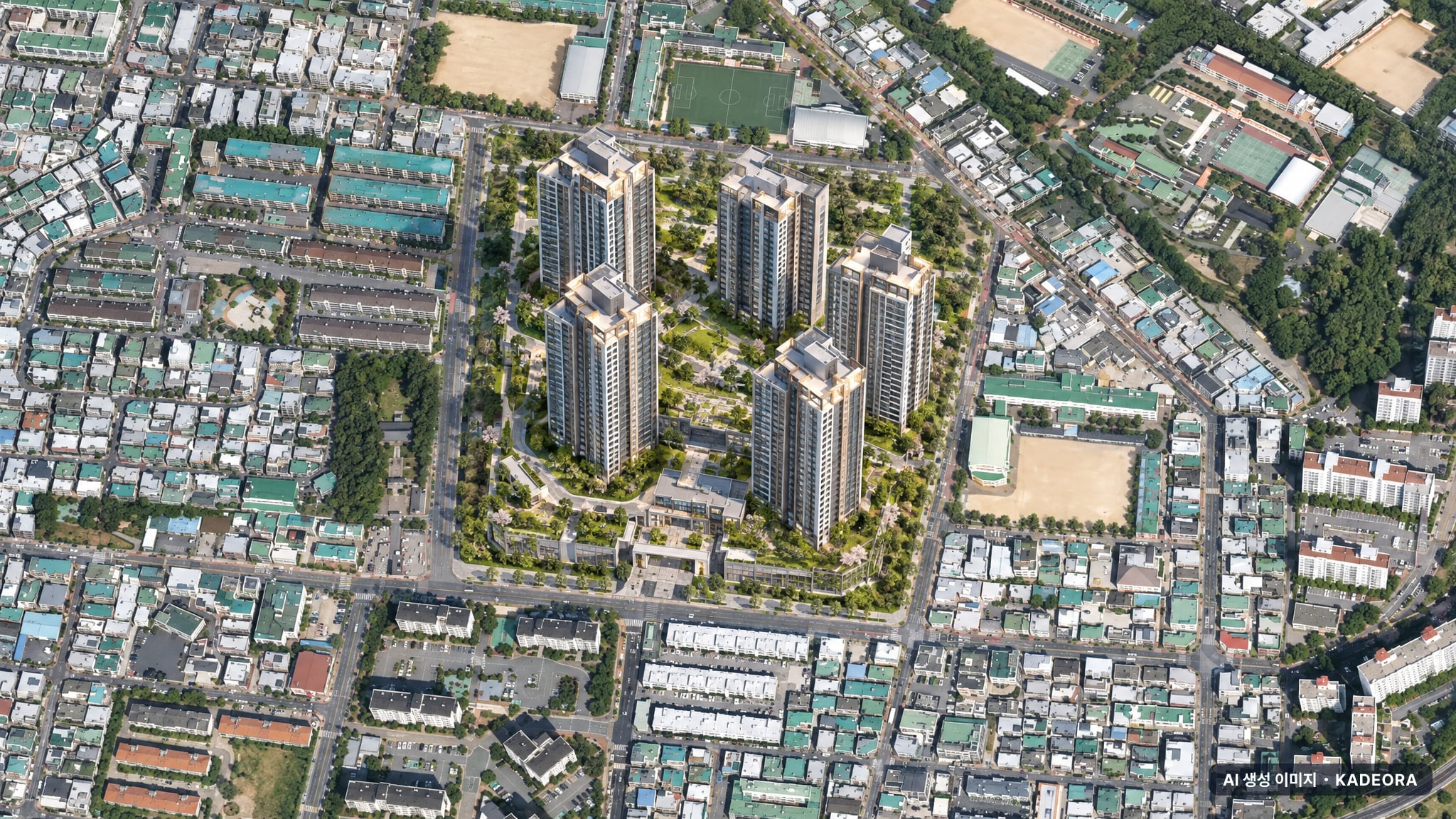 동래 푸르지오 에듀포레 단지 전경 AI 상상도(주간 항공) — 부산 동래구 착공 474세대