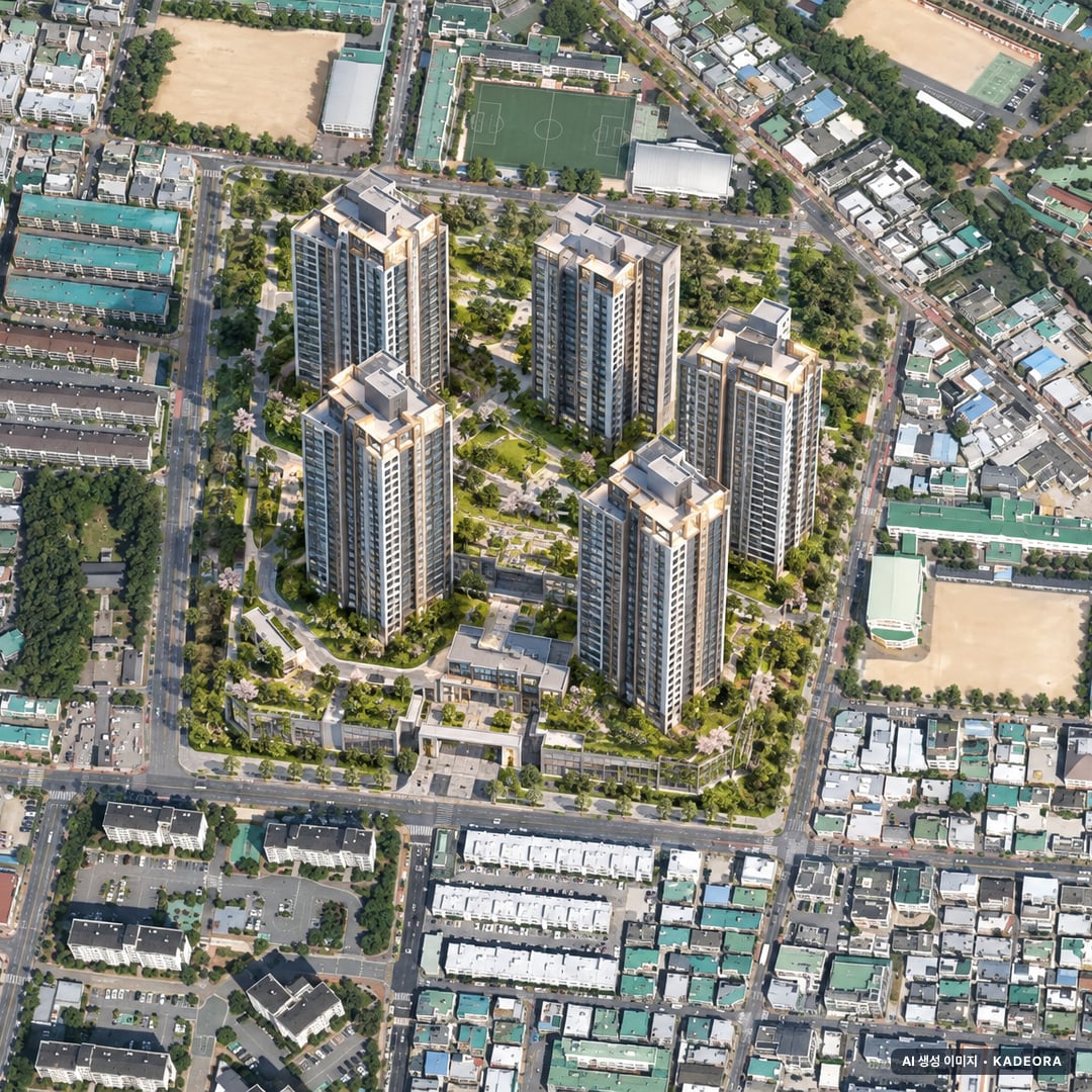 동래 푸르지오 에듀포레 단지 전경 AI 상상도(주간 항공) — 부산 동래구 착공 474세대