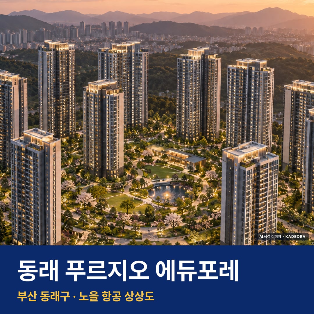 동래 푸르지오 에듀포레 재개발 동래 푸르지오 에듀포레 단지 전경 AI 상상도 — 동래구 안락동 474세대 — AI 생성 상상도 · 실제와 다를 수 있음