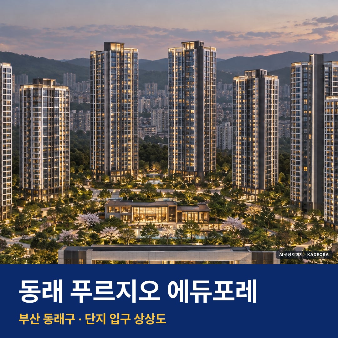 동래 푸르지오 에듀포레 재개발 동래 푸르지오 에듀포레 단지 전경 AI 상상도 — 동래구 안락동 474세대 — AI 생성 상상도 · 실제와 다를 수 있음