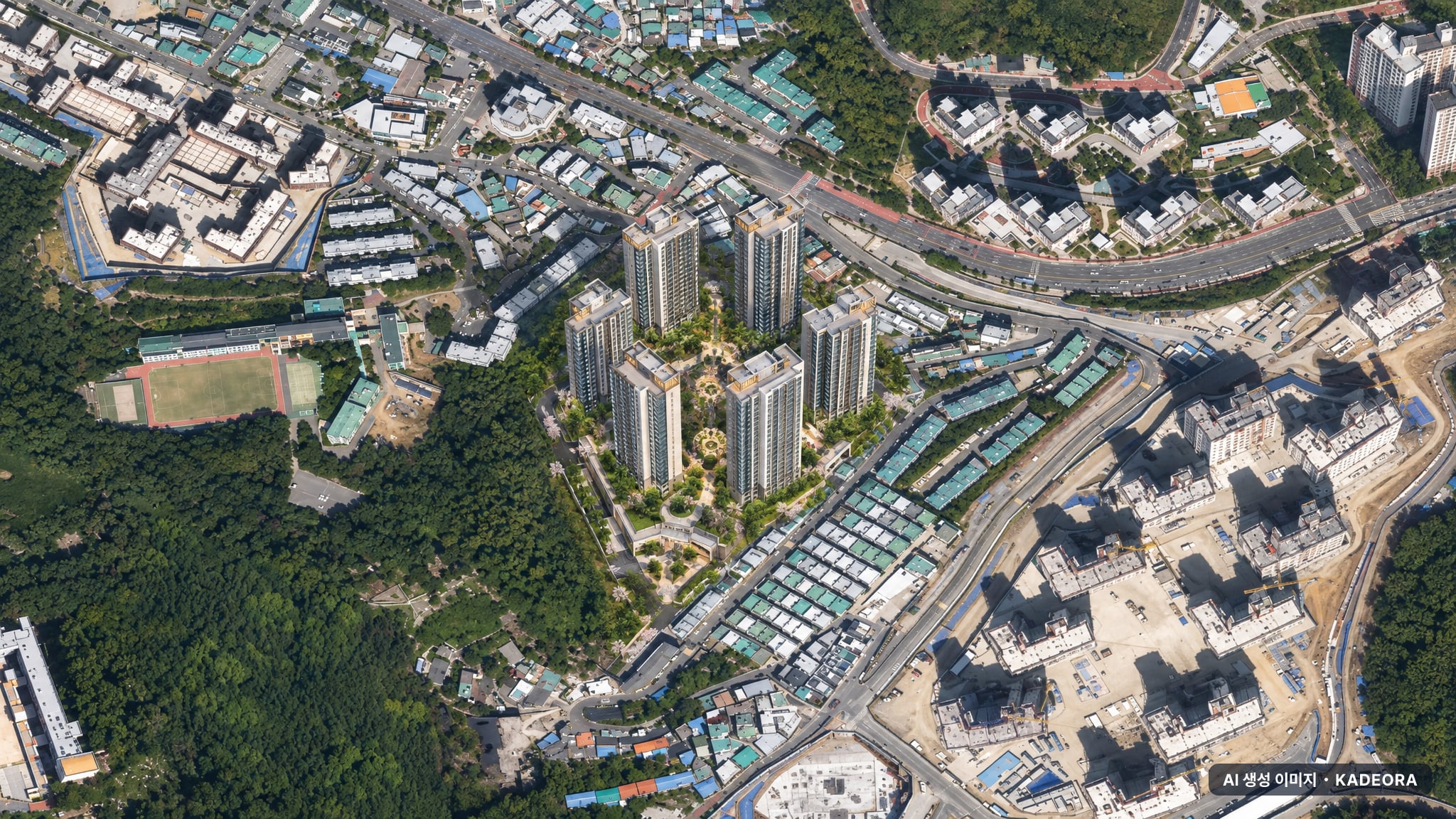 더샵 트리센트 단지 전경 AI 상상도(주간 항공) — 부산 남구 착공 156세대