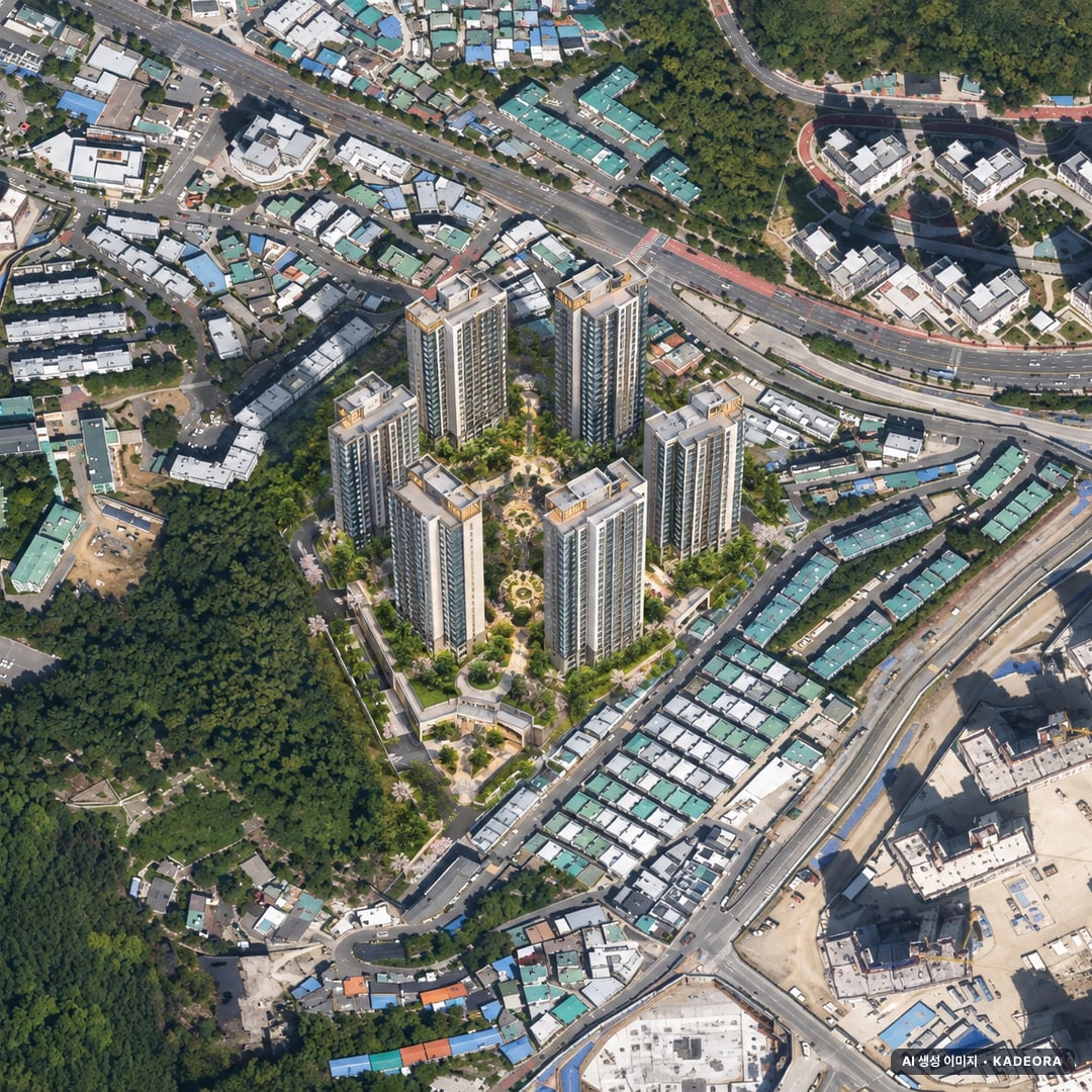 더샵 트리센트 단지 전경 AI 상상도(주간 항공) — 부산 남구 착공 156세대