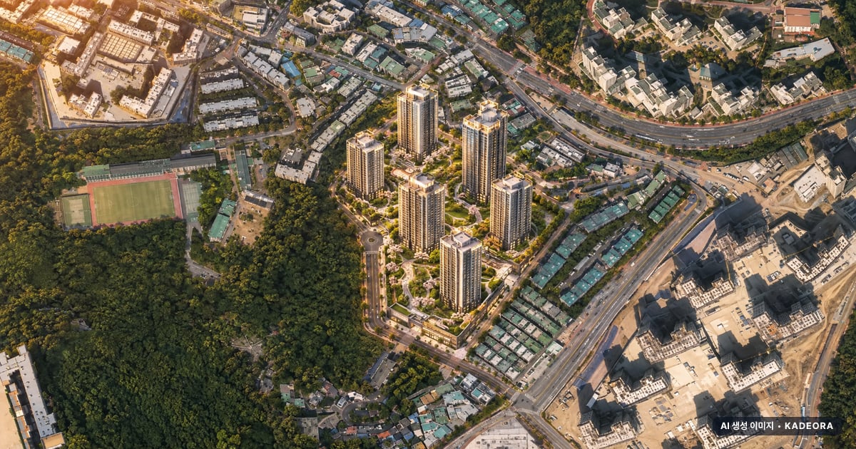 더샵 트리센트 6개동·최고 35층·총 803세대(이번 156세대 공급) 기준 AI 상상도(노을 항공) — 실제와 다를 수 있음