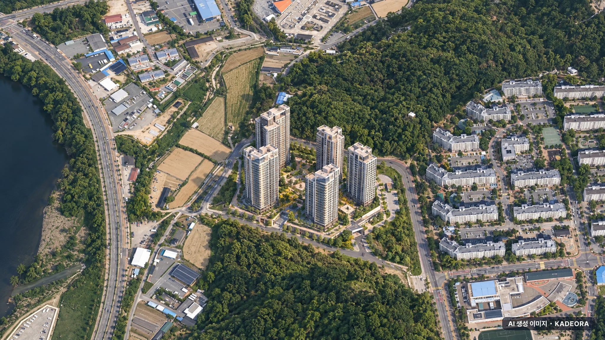 더샵 안동더퍼스트 단지 전경 AI 상상도(주간 항공) — 경북 안동시 착공 493세대