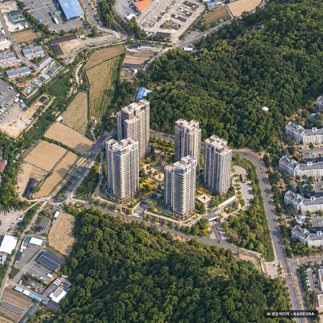 더샵 안동더퍼스트 주간 항공 상상도 · AI 생성 이미지로 실제와 다를 수 있음 더샵 안동더퍼스트 단지 전경 AI 상상도(주간 항공) — 경북 안동시 착공 493세대