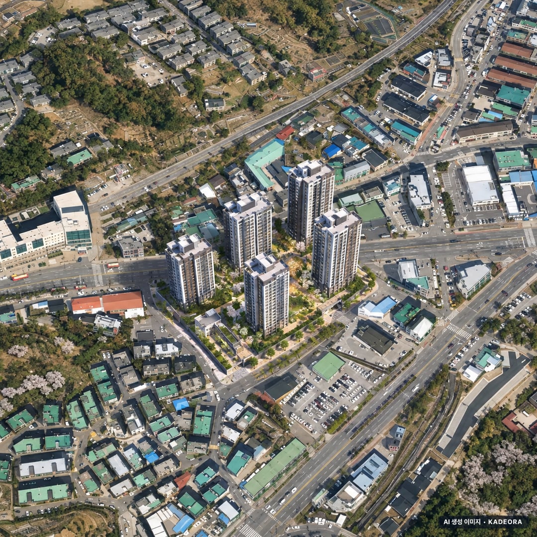 남양주시 금곡5 조감도 AI 상상도(주간 항공) — 경기 남양주시 부지계획 351세대
