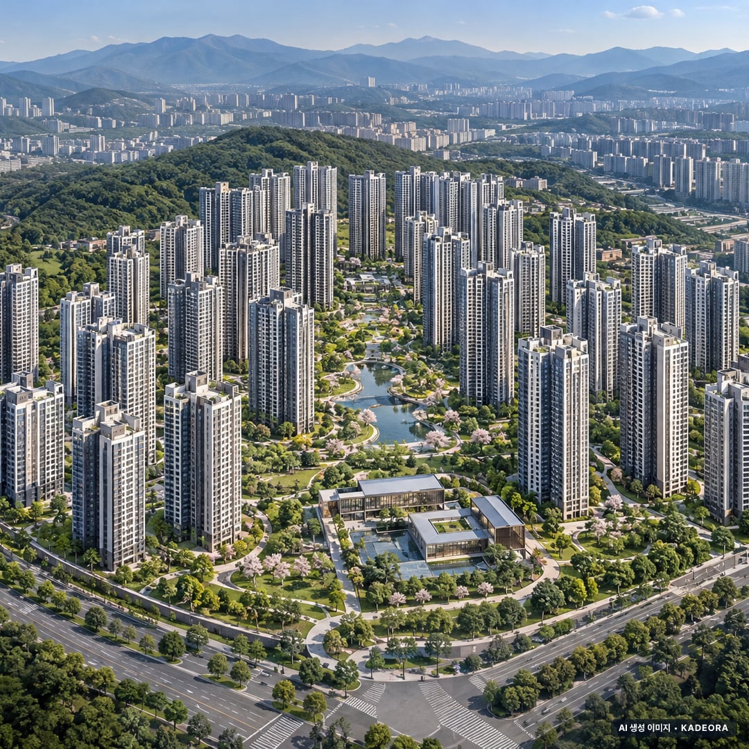 한신더휴 하이엔에듀포레 단지 전경 AI 상상도(주간 항공) — 서울 금천구 착공 78세대