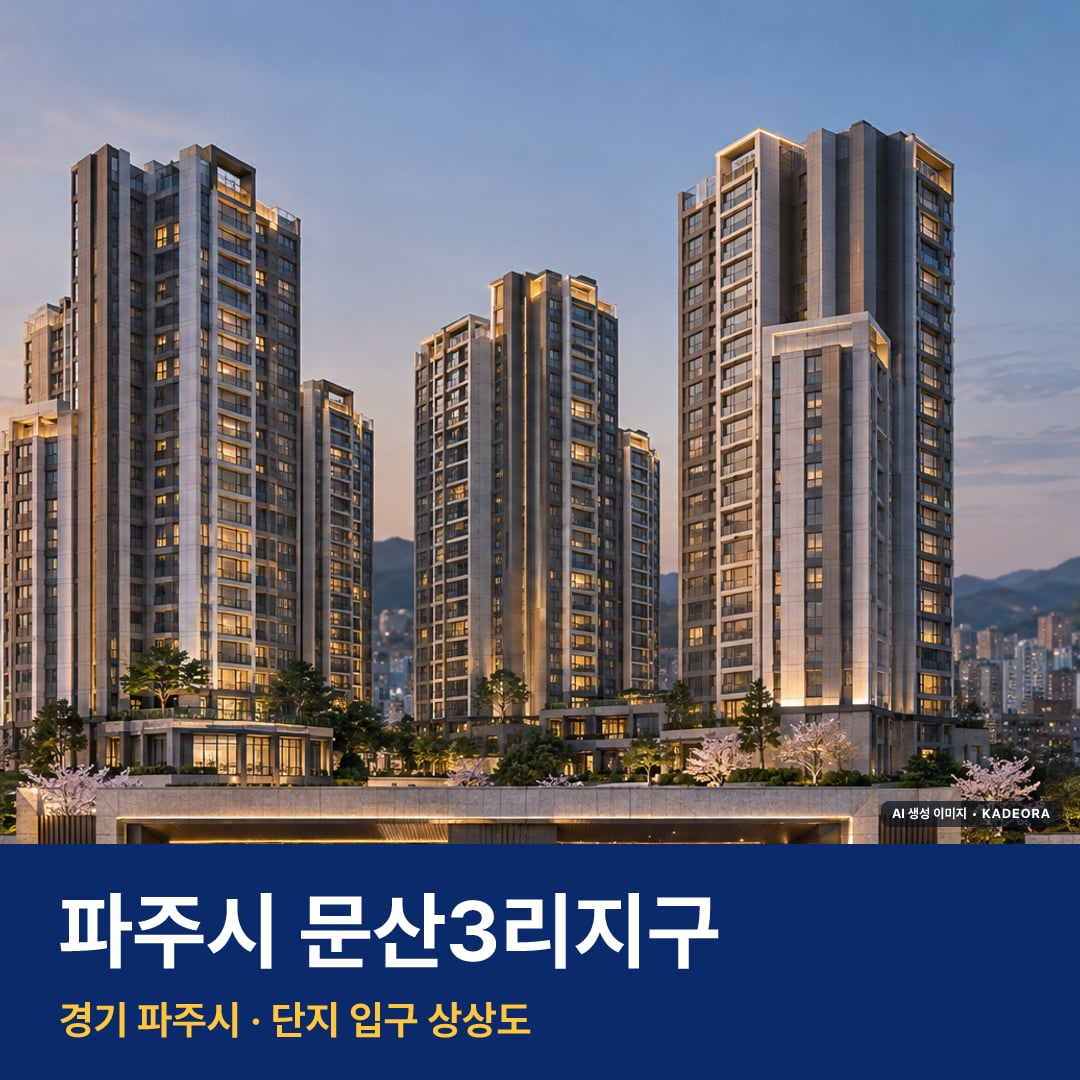 파주시 문산3리지구 재개발 파주시 문산3리지구 단지 전경 AI 상상도 — 파주시 문산읍 903세대 — AI 생성 상상도 · 실제와 다를 수 있음