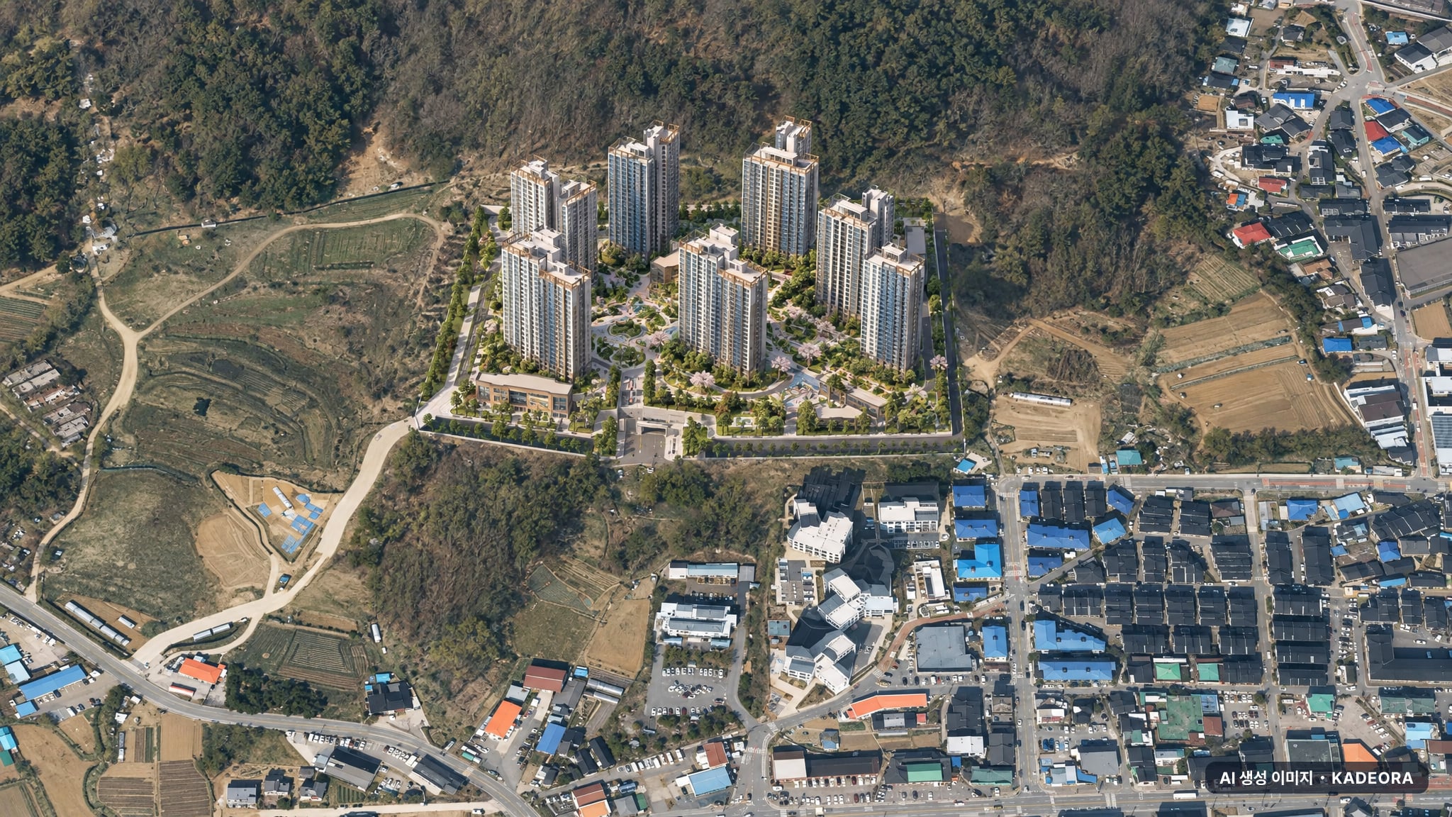 용인 양지 서희스타힐스 하이뷰 (조합원 취소분) 단지 전경 AI 상상도(주간 항공) — 용인시