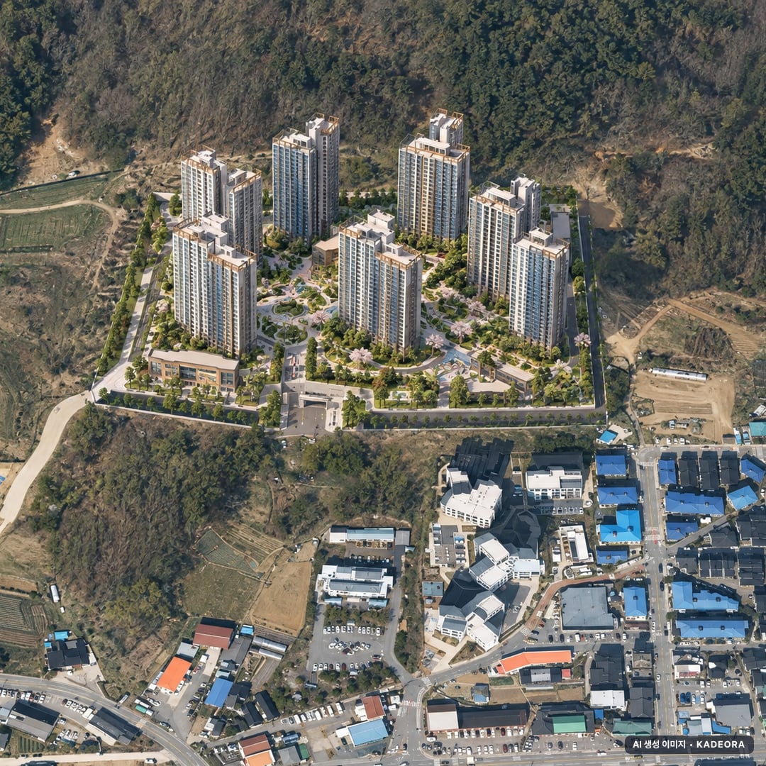 용인 양지 서희스타힐스 하이뷰 (조합원 취소분) 주간 항공 상상도 · AI 생성 이미지로 실제와 다를 수 있음 용인 양지 서희스타힐스 하이뷰 (조합원 취소분) 단지 전경 AI 상상도(주간 항공) — 용인시