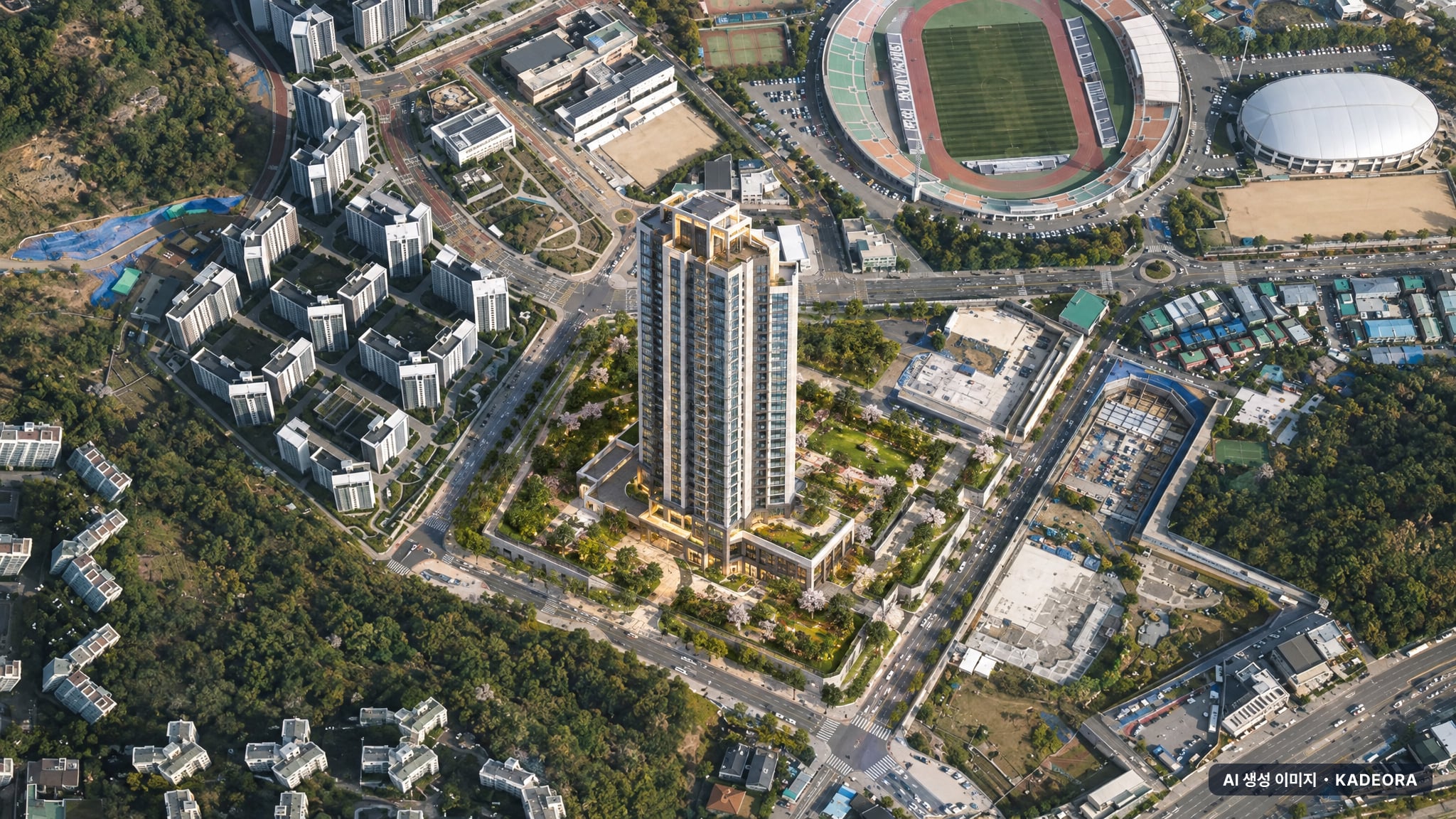 평촌자이 퍼스니티 단지 전경 AI 상상도(주간 항공) — 경기 안양시 착공 570세대