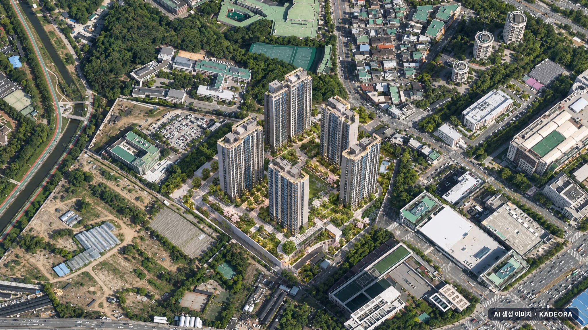 디에이치 아델스타 단지 전경 AI 상상도(주간 항공) — 경기 과천시 착공 348세대