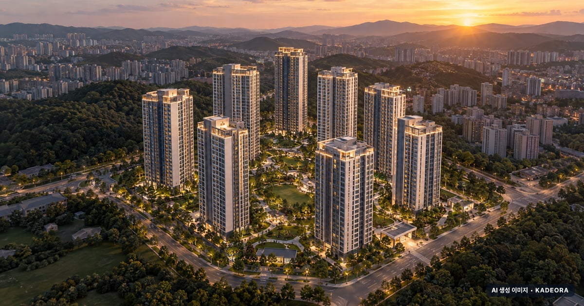 디에이치 아델스타 9개동·최고 31층·총 880세대(이번 348세대 공급) 기준 AI 상상도(노을 항공) — 실제와 다를 수 있음