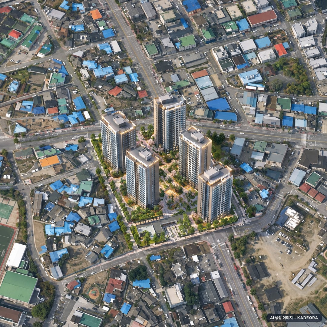 아산경남아너스빌 랜드마크49 3개동·최고 49층·총 467세대 기준 AI 상상도(주간 항공) — 실제와 다를 수 있음
