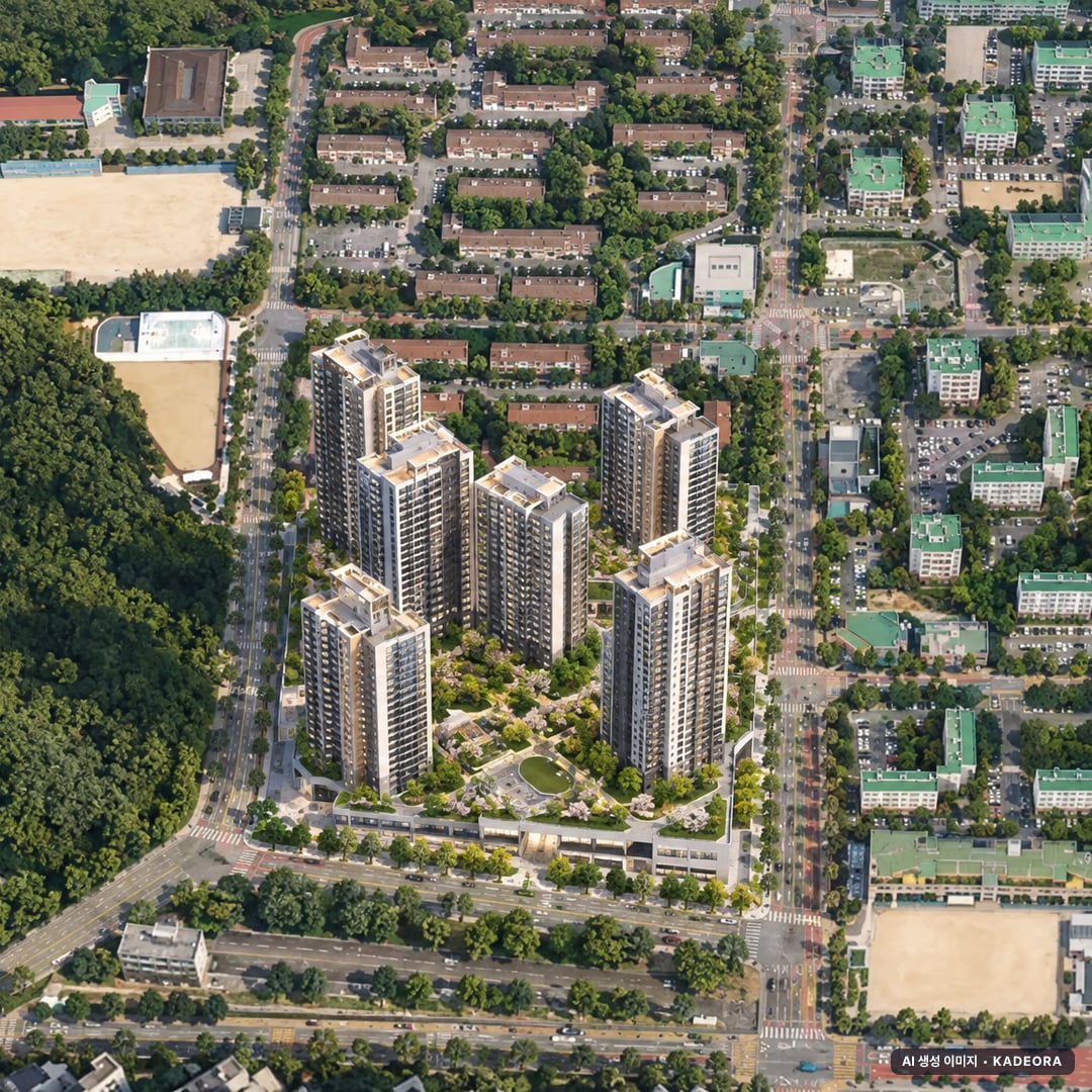 안산시 주공5단지1 조감도 AI 상상도(주간 항공) — 경기 안산시 관리처분인가 897세대