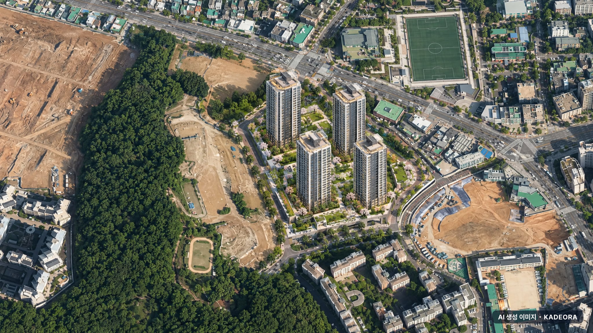 힐스테이트 광명 11 단지 전경 AI 상상도(주간 항공) — 경기 광명시 착공 652세대