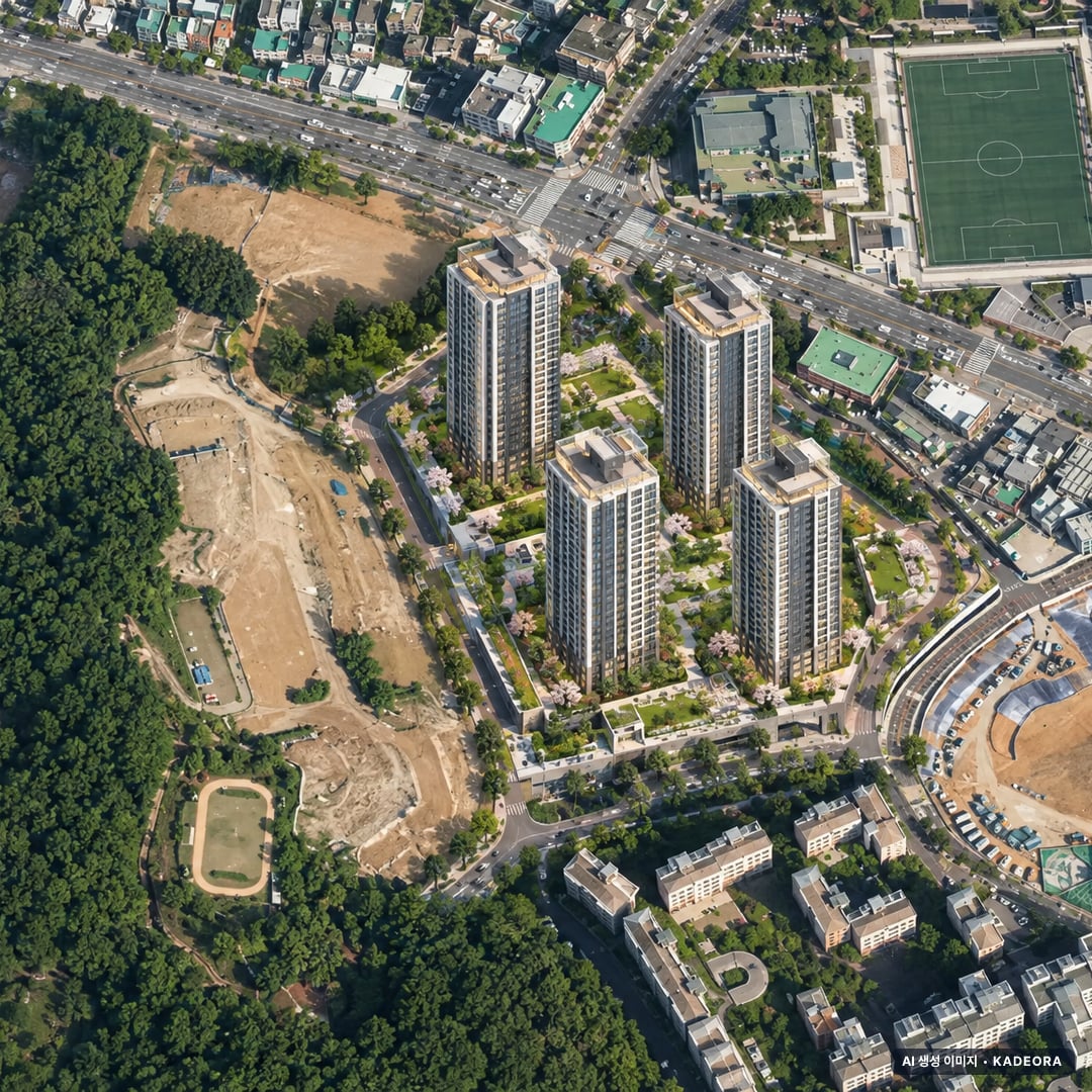 힐스테이트 광명 11 단지 전경 AI 상상도(주간 항공) — 경기 광명시 착공 652세대
