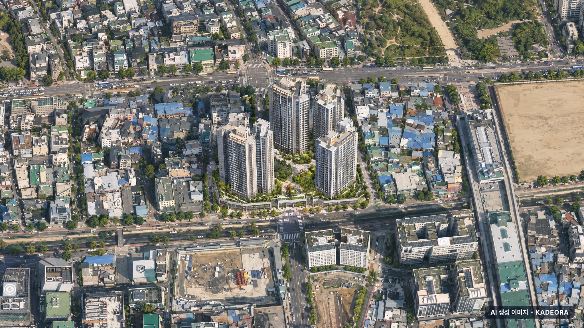 을지로2가 20-3 주간 항공 상상도 · AI 생성 이미지로 실제와 다를 수 있음 을지로2가 20-3 단지 전경 AI 상상도(주간 항공) — 서울 부지계획