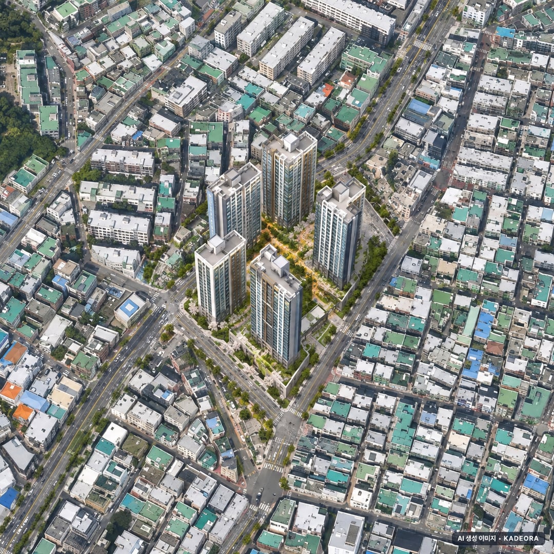 부산 동래구 명장5구역 재개발 단지 전경 AI 상상도(주간 항공) — 동래구