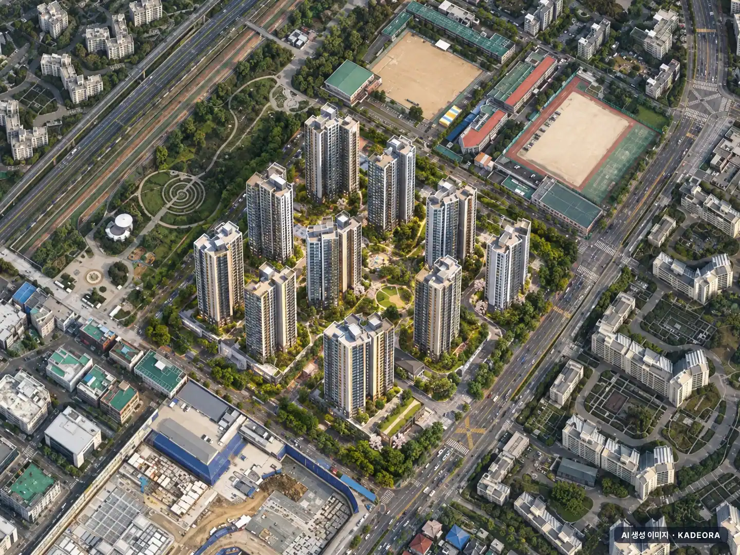과천시 주공5단지구역 총 1,238세대 기준 AI 상상도 — 실제와 다를 수 있음 과천시 주공5단지구역 총 1,238세대 기준 AI 상상도(주간 항공) — 실제와 다를 수 있음