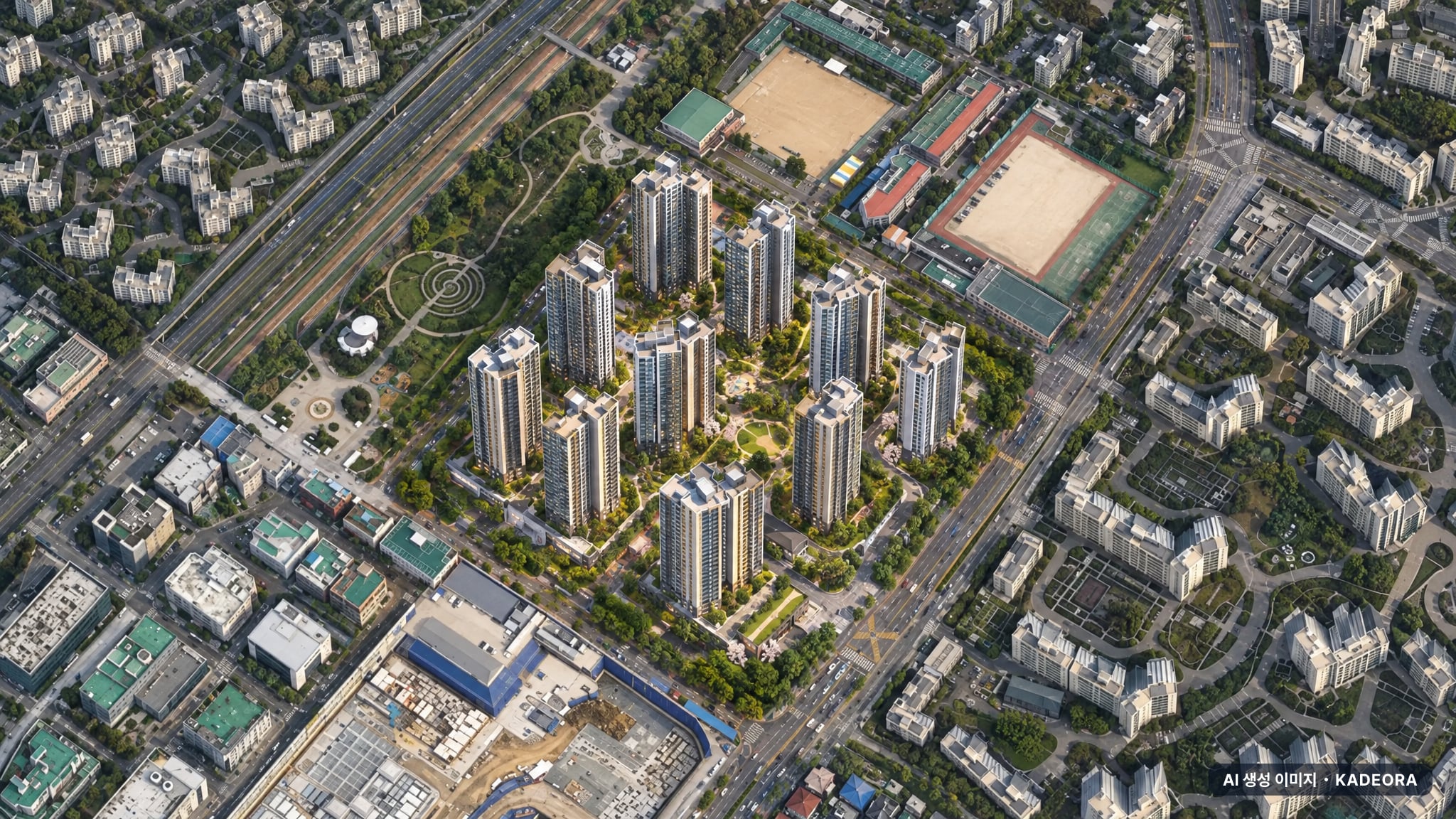 과천시 주공5단지구역 단지 전경 AI 상상도(주간 항공) — 경기 과천시 관리처분인가 1,238세대