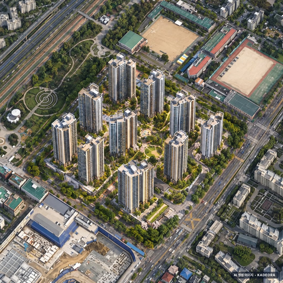 과천시 주공5단지구역 조감도 AI 상상도(주간 항공) — 경기 과천시 관리처분인가 1,238세대