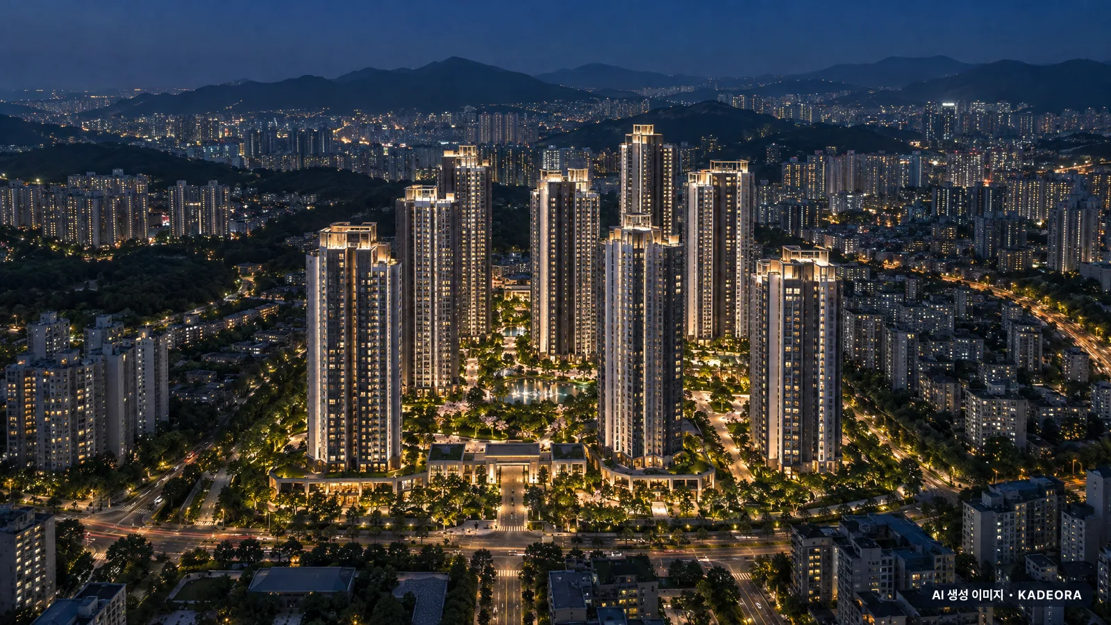 주공5단지 재건축 조감도 참고 단지 야경 AI 상상도 — 과천시 아파트 분양