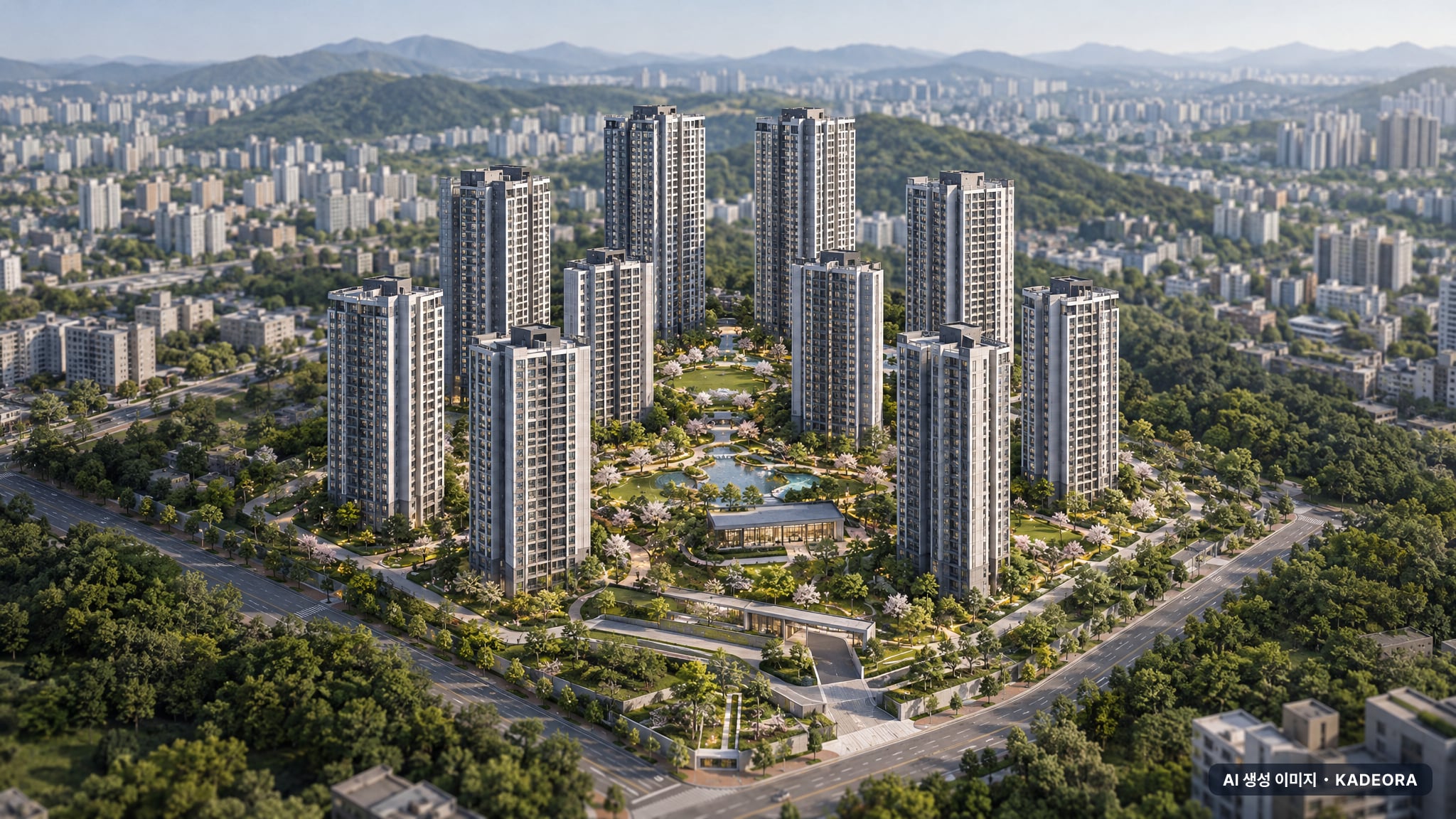엘리프 검단 포레듀(AA32블록) 주간 항공 상상도 · AI 생성 이미지로 실제와 다를 수 있음 엘리프 검단 포레듀(AA32블록) 단지 전경 AI 상상도(주간 항공) — 인천 검단구 착공 669세대