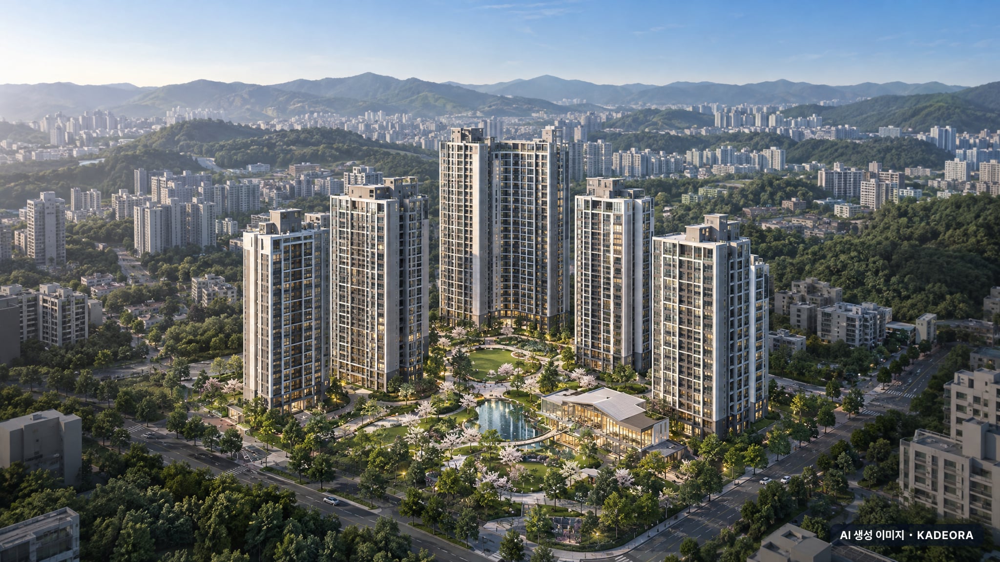 세종 우미 린 센터파크(행정중심복합도시 5-2생활권 S1블록, 글미마을 9단지) 주간 항공 상상도 · AI 생성 이미지로 실제와 다를 수 있음 세종 우미 린 센터파크(행정중심복합도시 5-2생활권 S1블록, 글미마을 9단지) 단지 전경 AI 상상도(주간 항공) — 세종 착공 676세대