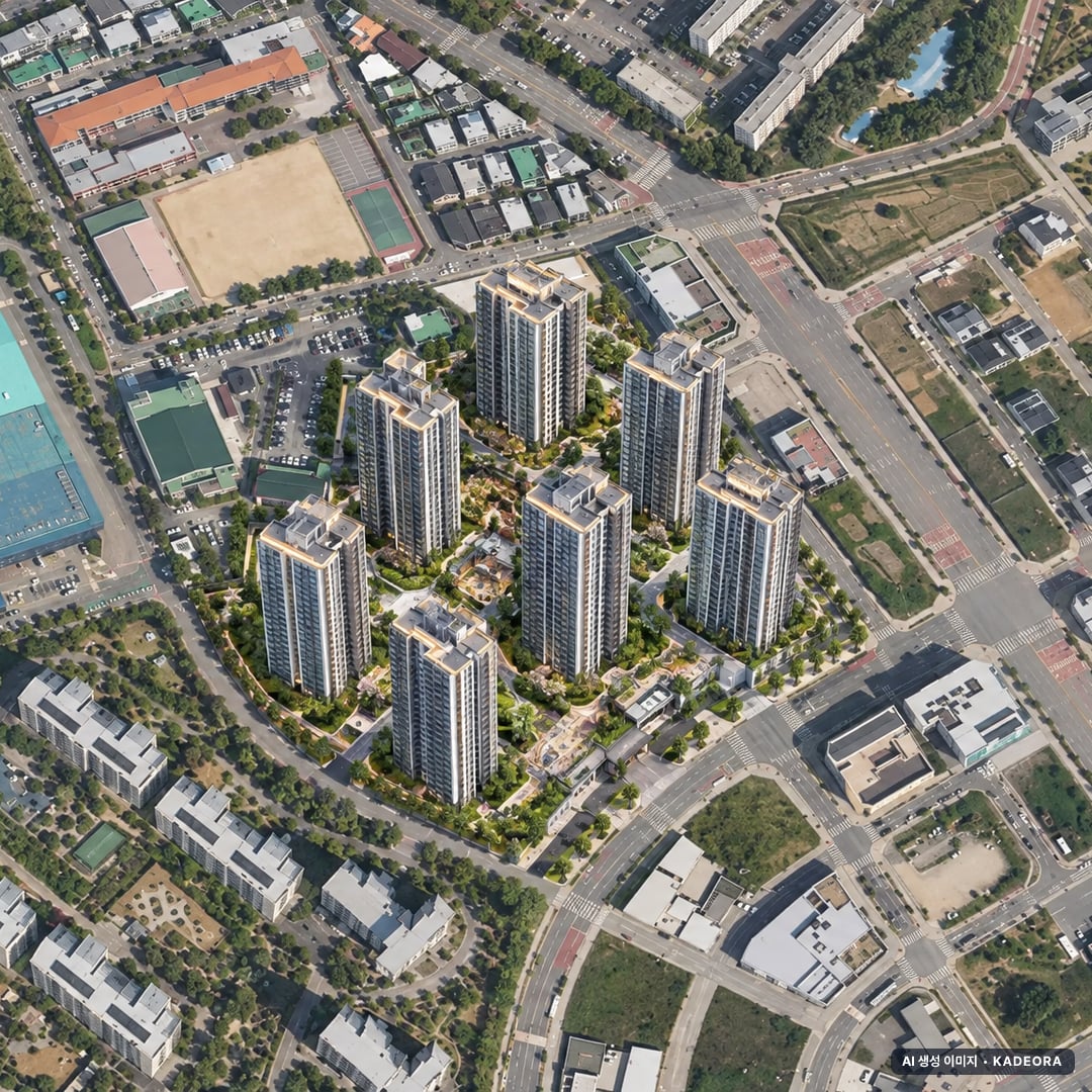 동남 하늘채 에디크 공공분양주택 단지 전경 AI 상상도(주간 항공) — 충북 청주시 착공 650세대