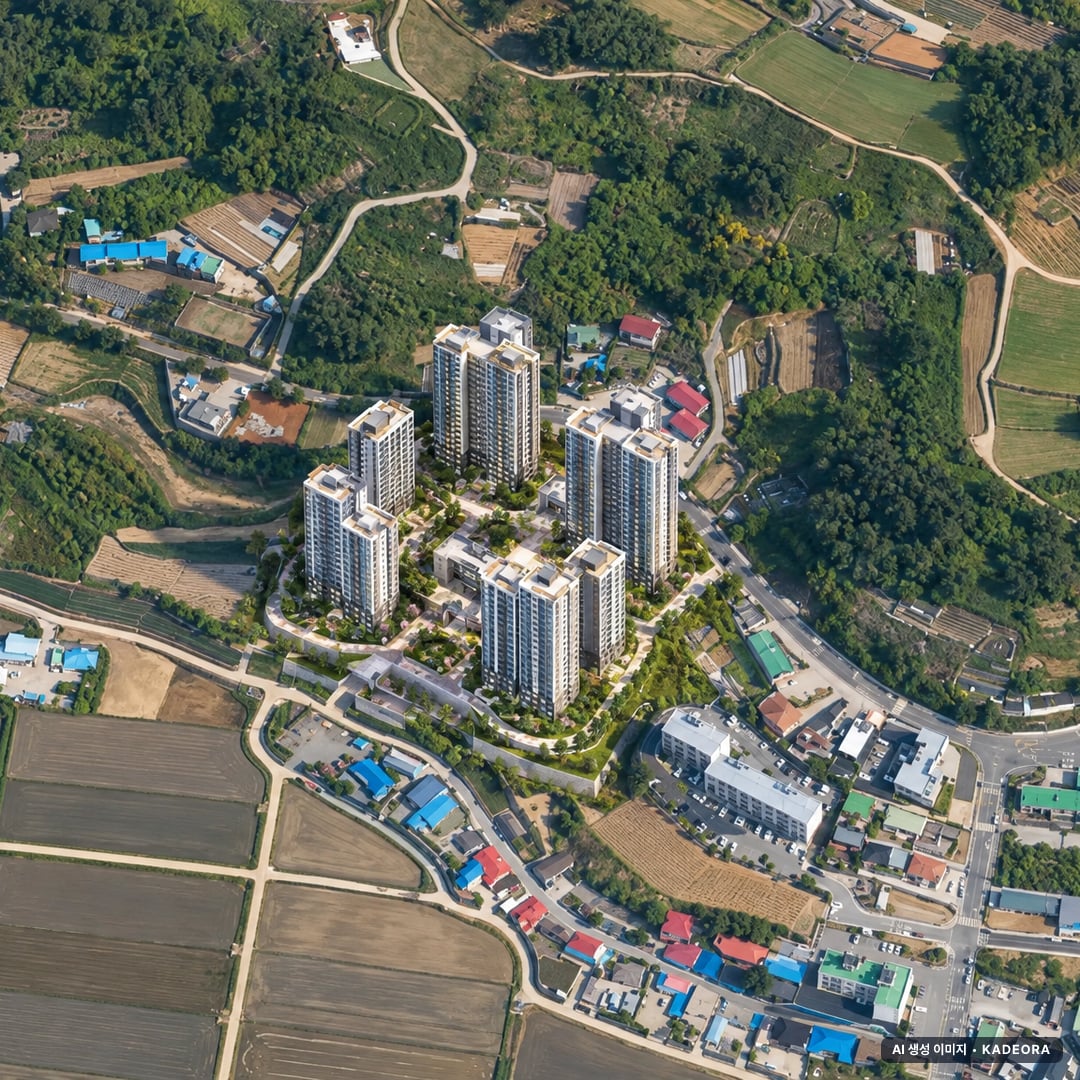 진도 승원팰리체 더 테라스 주간 항공 상상도 · AI 생성 이미지로 실제와 다를 수 있음 진도 승원팰리체 더 테라스 단지 전경 AI 상상도(주간 항공) — 전남 진도군 청약 진행