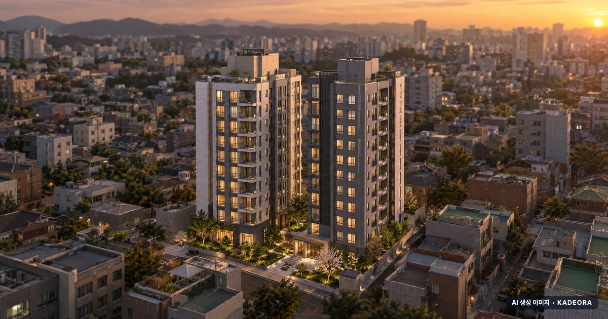 진도 승원팰리체 더 테라스 2개동·최고 12층·총 58세대 기준 AI 상상도(노을 항공) — 실제와 다를 수 있음