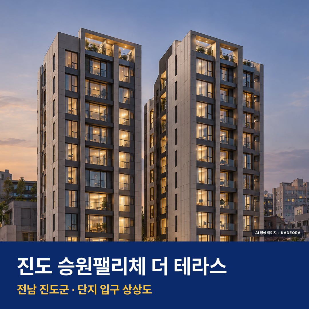 진도 승원팰리체 더 테라스 청약 진도 승원팰리체 더 테라스 단지 전경 AI 상상도 — 진도군 교동리 58세대 — AI 생성 상상도 · 실제와 다를 수 있음